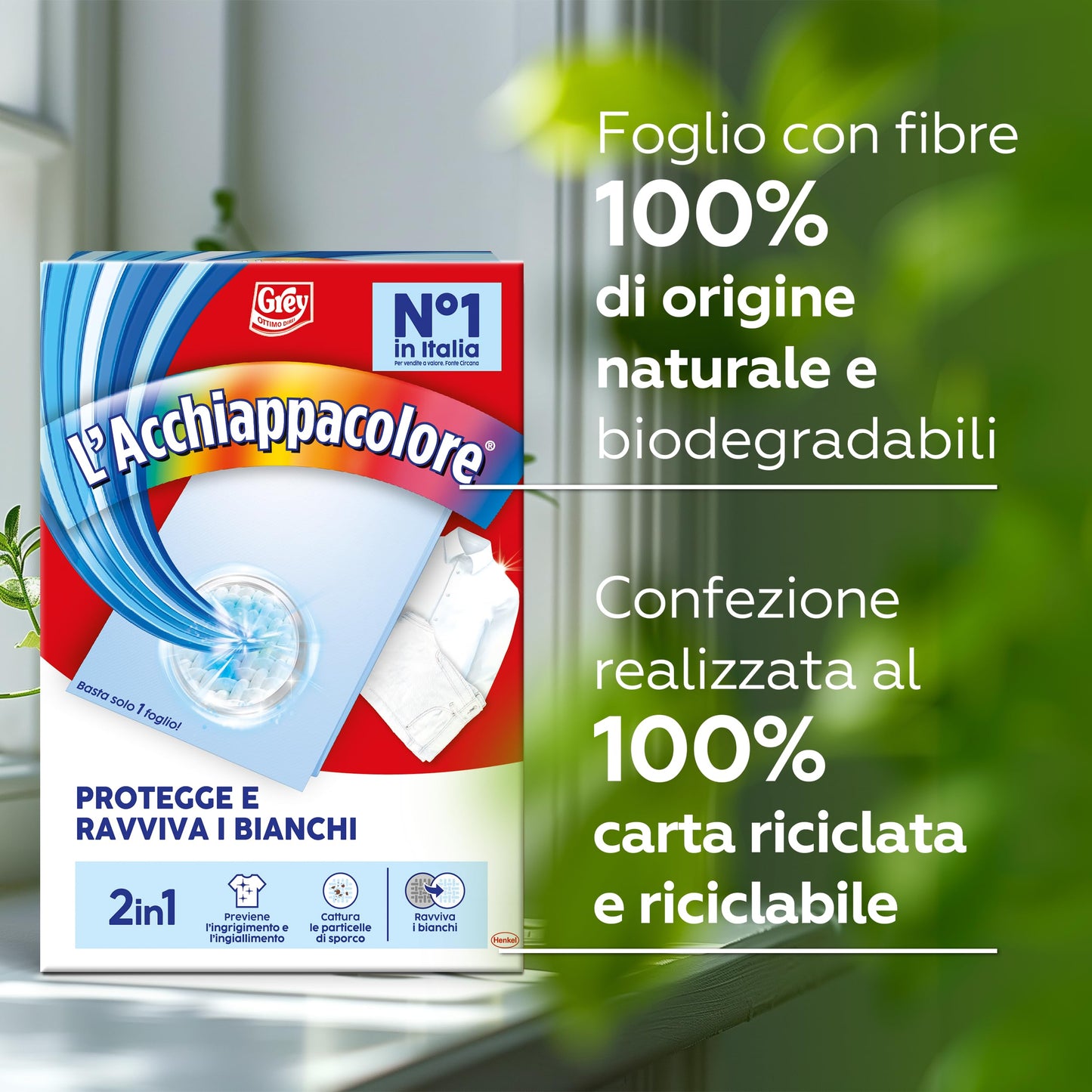 Grey L'Acchiappacolore 2in1 Protegge e Ravviva i Bianchi, Fogli Cattura Colore, Fogli Proteggi Colore e Sbiancanti, Confezione da 18 fogli