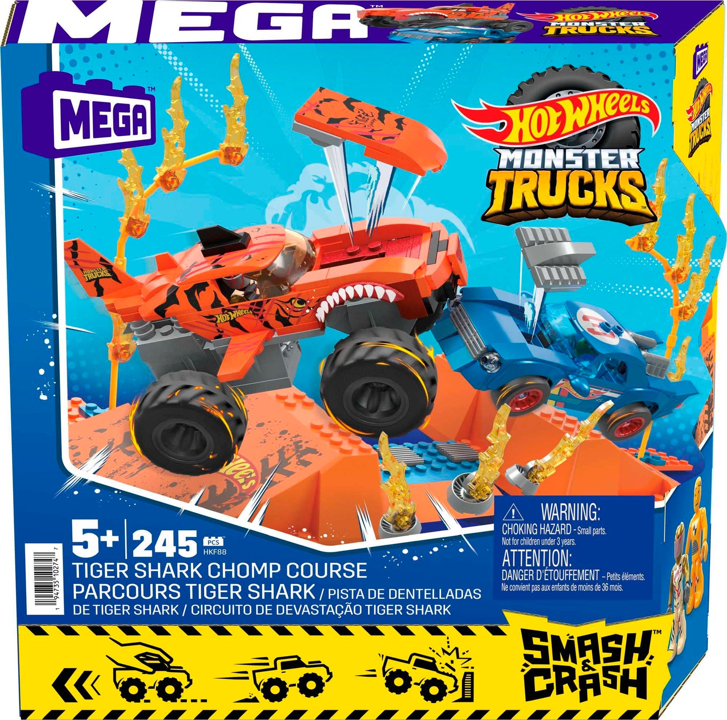 MEGA Hot Wheels - Tiger Shark Super Scontri, set da costruire da 226 pezzi, con cofano che si stacca all'impatto e 1 personaggio pilota snodato incluso, giocattolo per bambini, 5+ anni, HKF88