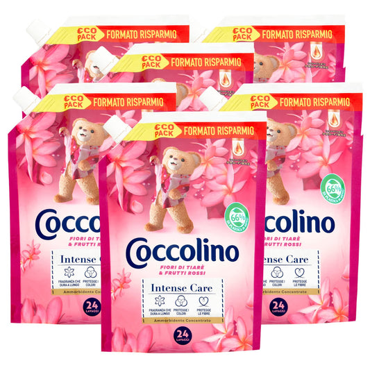 6x Coccolino Intense Care Ammorbidente Concentrato Profumo di Fiori di Tiarè e Frutti Rossi 144 Lavaggi Totali - 6 Flaconi da 600 ml Ognuno
