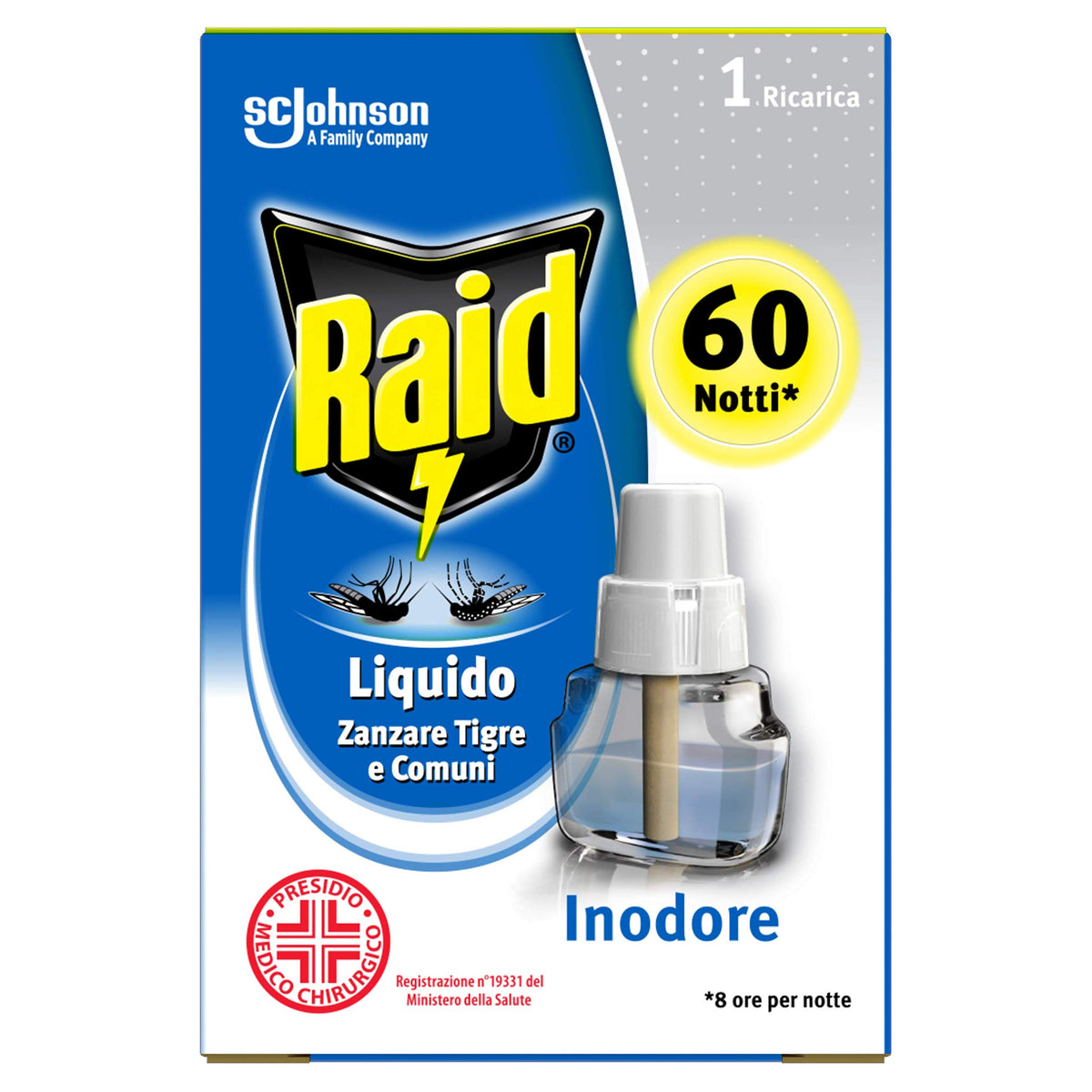Raid Liquido Elettrico Ricarica, Antizanzare Comuni e Tigre, Inodore, 1 Confezione Da 1 Ricarica da 36ml, 60 Notti