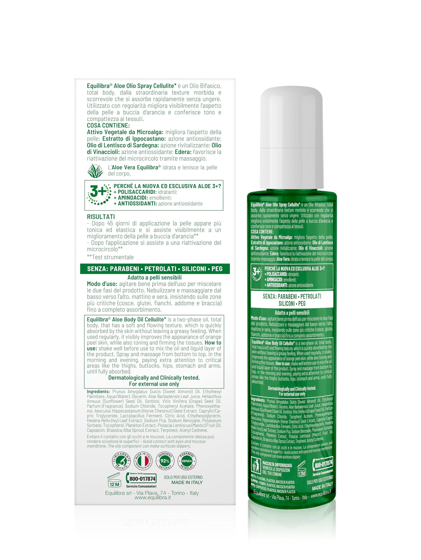 Equilibra, Olio Corpo Cellulite* Concentrato Bifasico, 150ml, con Aloe Vera Equilibra, Attivo Vegetale da Microalga, Estratto di Ippocastano, Olio di Lentisco, Olio di Vinaccioli, ed Edera