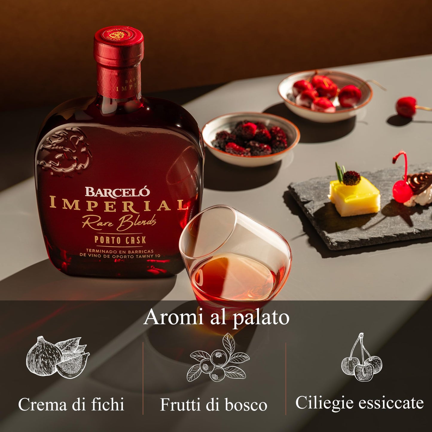 Ron Barceló, Imperial Porto Cask, Rum Ambrato, Invecchiato Naturalmente fino a 10 anni in Barrique di Rovere, 100% Succo di Canna da Zucchero, Gradazione 40% Vol - Bottiglia da 700 ml