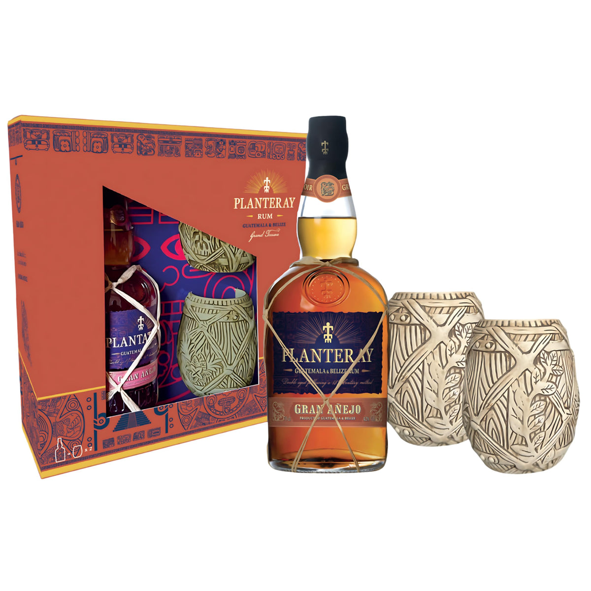 Planteray Rum Gran Anejo, 700ml, Confezione Regalo con 2 Tiki Mug, Rum Scuro Artigianale, Note Speziate e Vanigliate, Invecchiato 3 Anni, Miscela da Guatemala e Belize, Affinato in Francia, 42% Vol.