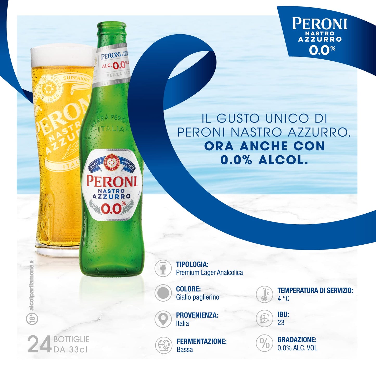 Peroni Nastro Azzurro 0.0 Birra Analcolica Premium Lager, Cassa Birra con 24 Birre in Bottiglia da 33 cl, 7.92 L, Gusto Secco e Rinfrescante, Zero Alcol