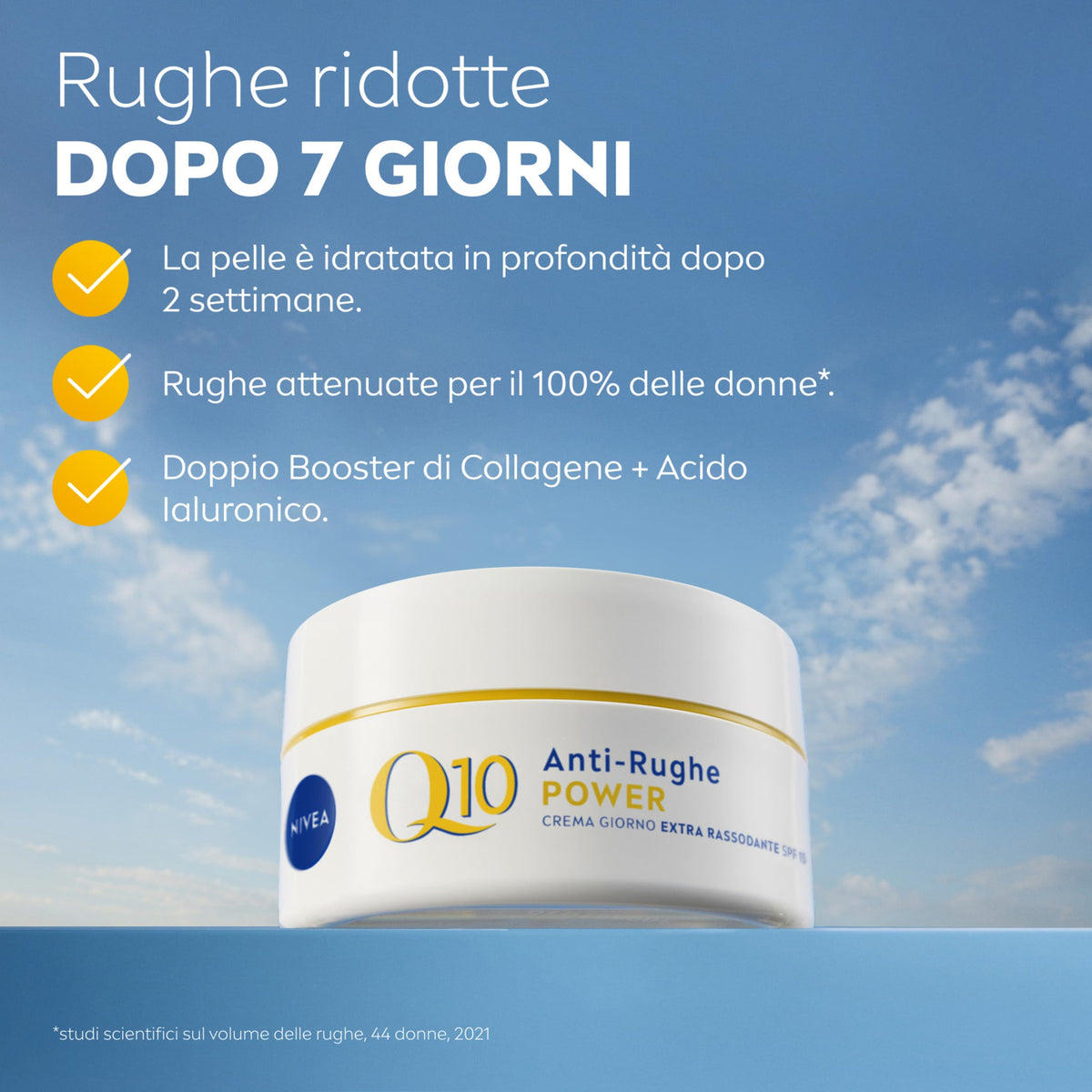 NIVEA Q10 Anti-Rughe Power Crema Giorno Extra Rassodante SPF 15 50 ml, Crema viso antirughe e idratante, Crema viso Acido Ialuronico, Coenzima Q10 e Creatina per un doppio booster di collagene