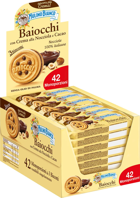 Mulino Bianco Biscotti Baiocchi con Crema alla Nocciola e Cacao, Snack Ideale per Colazione e Snack Dolce per la Merenda, Confezione da 42 Pacchetti