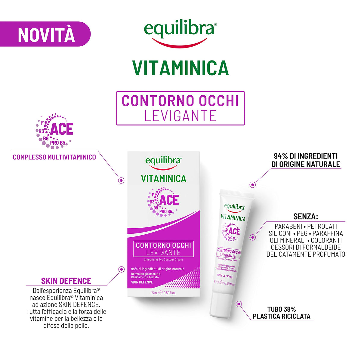 Equilibra Viso, Vitaminica, Contorno Occhi Levigante,con Complesso Multivitaminico, Acido Ialuronico, Caffeina, Burro Pistacchio, Azione Levigante, Contrasta Borse e Occhiaie,15 ml