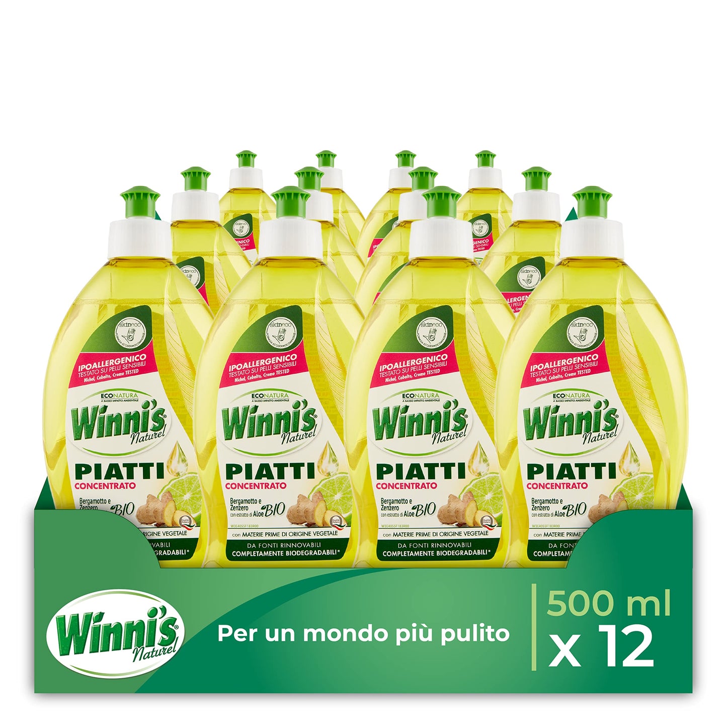 Winni's - Detersivo Piatti e Stoviglie a Mano, Ipoallergenico e Delicato sulla Pelle, Formula Concentrata, Fragranza Bergamotto e Aloe, con Materie Prime di Origine Vegetale, 500 ml x 12 Confezioni