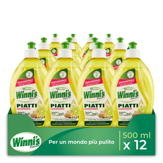 Winni's - Detersivo Piatti e Stoviglie a Mano, Ipoallergenico e Delicato sulla Pelle, Formula Concentrata, Fragranza Bergamotto e Aloe, con Materie Prime di Origine Vegetale, 500 ml x 12 Confezioni