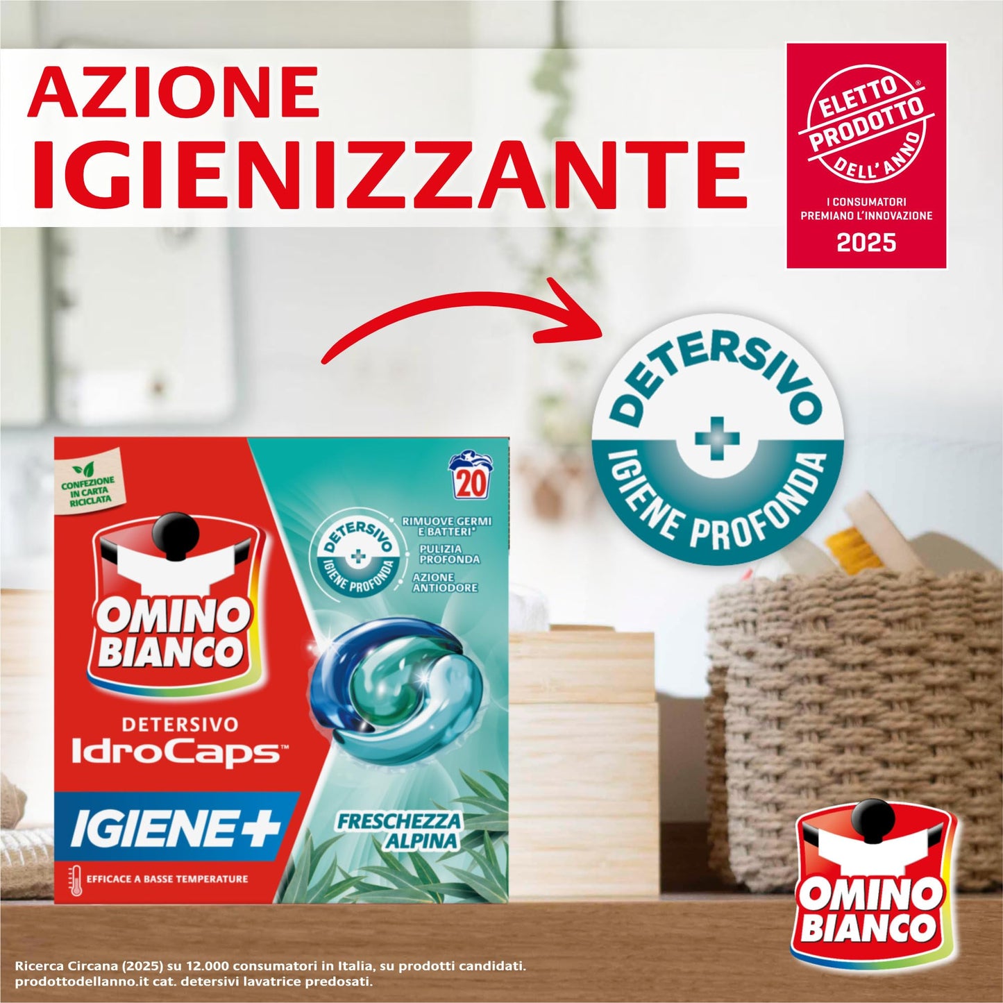 Omino Bianco Idrocaps - Detersivo Lavatrice in Capsule Igiene, 20 Lavaggi, Efficace a Basse Temperature, Profumo Freschezza Alpina, 20 Caps