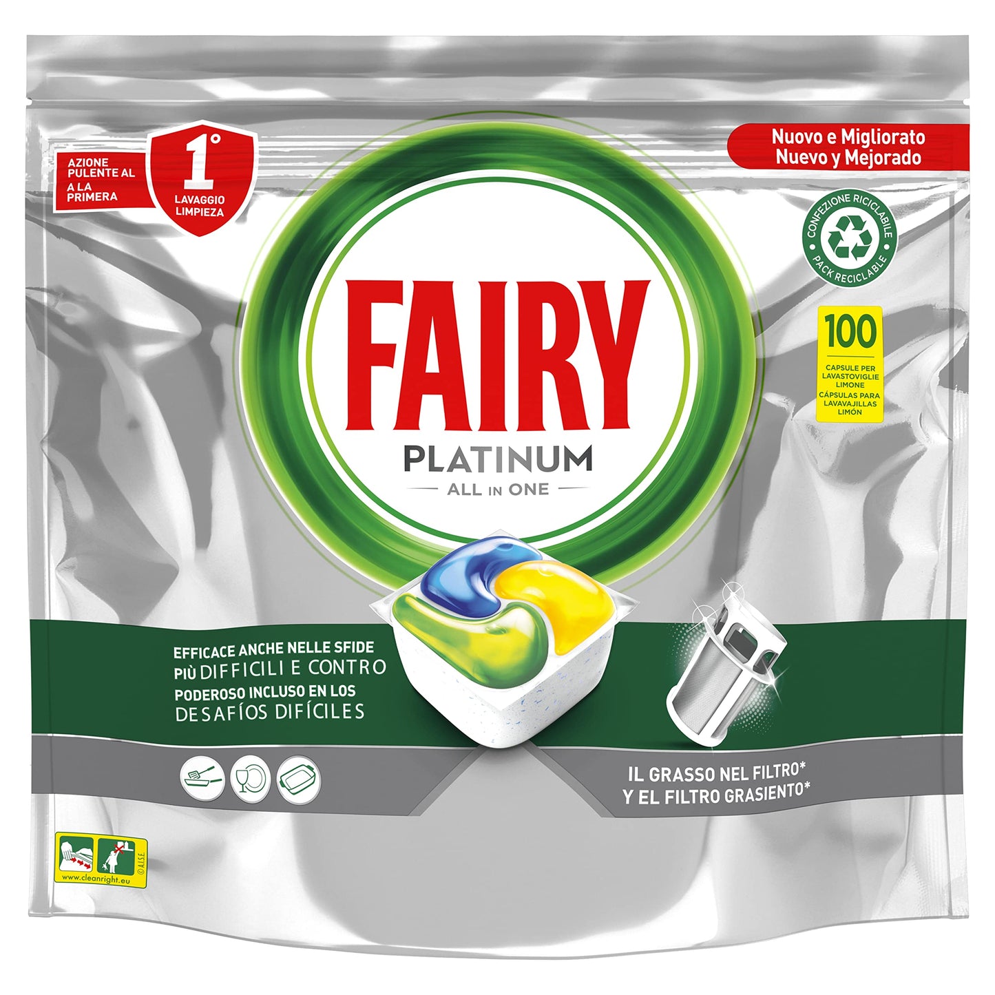 Fairy Platinum Detersivo Pastiglie Lavastoviglie, Brillantante, 100 Capsule Lavastoviglie, Limone, Con Sistema Di Prelavaggio Integrato, Efficace Nelle Sfide Difficili Contro Lo Sporco