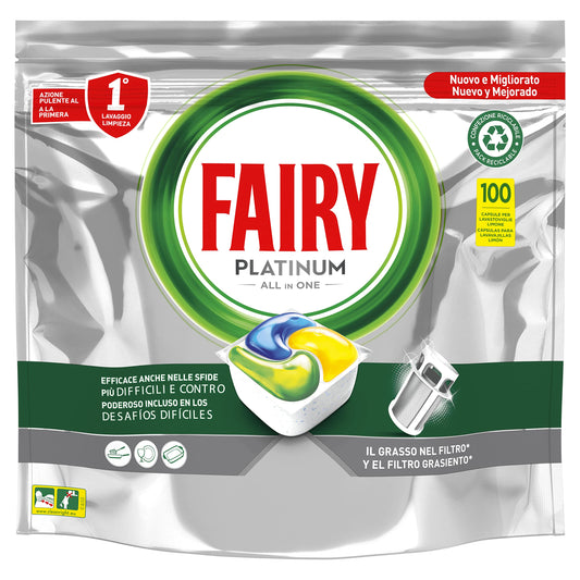 Fairy Platinum Detersivo Pastiglie Lavastoviglie, Brillantante, 100 Capsule Lavastoviglie, Limone, Con Sistema Di Prelavaggio Integrato, Efficace Nelle Sfide Difficili Contro Lo Sporco