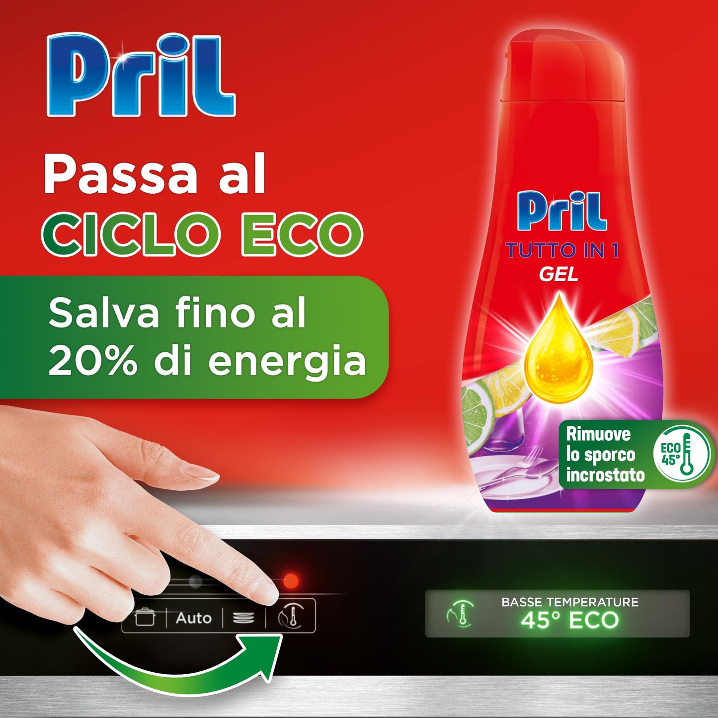 Pril Gel All in One Sciogli Grasso Detersivo Lavastoviglie Liquido Multi-Azione Sporco Difficile, 8 Confezioni da 35 lavaggi