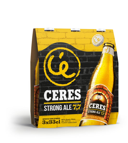 Ceres Strong Ale - 3 Bottiglie da 33 cl, Birra Bionda Doppio Malto con Riflessi Dorati, Gradazione Alcolica 7,7°C, Gusto Ricco ed Intenso con Sentori di Malto
