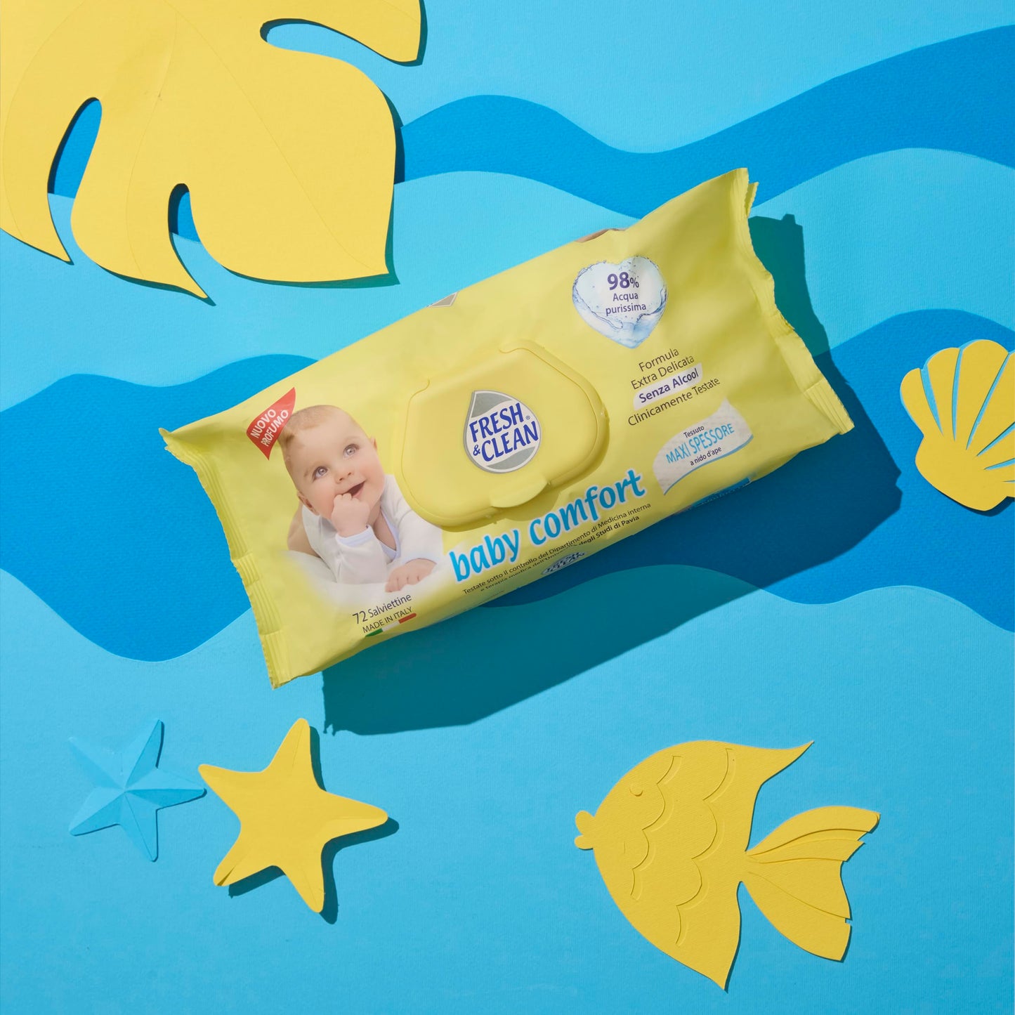 Fresh & Clean - Salviettine per Neonato Baby Comfort, Tessuto maxi spessore, Extra Delicate Senza Alcool, Morbidezza ed Assorbenza, 72 pezzi