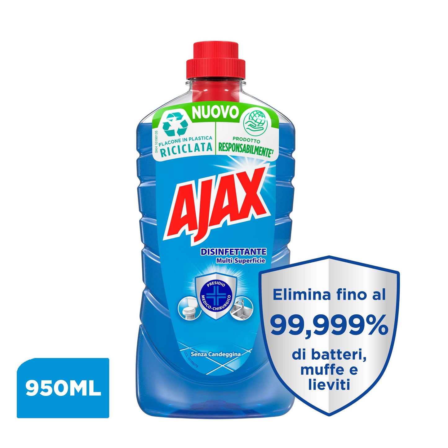 Ajax Detersivo Pavimenti Disinfettante Multi-Superficie, Confezione da 12 x 950ml I Senza candeggina I Elimina facilmente il grasso | azione disinfettante e pulizia profonda