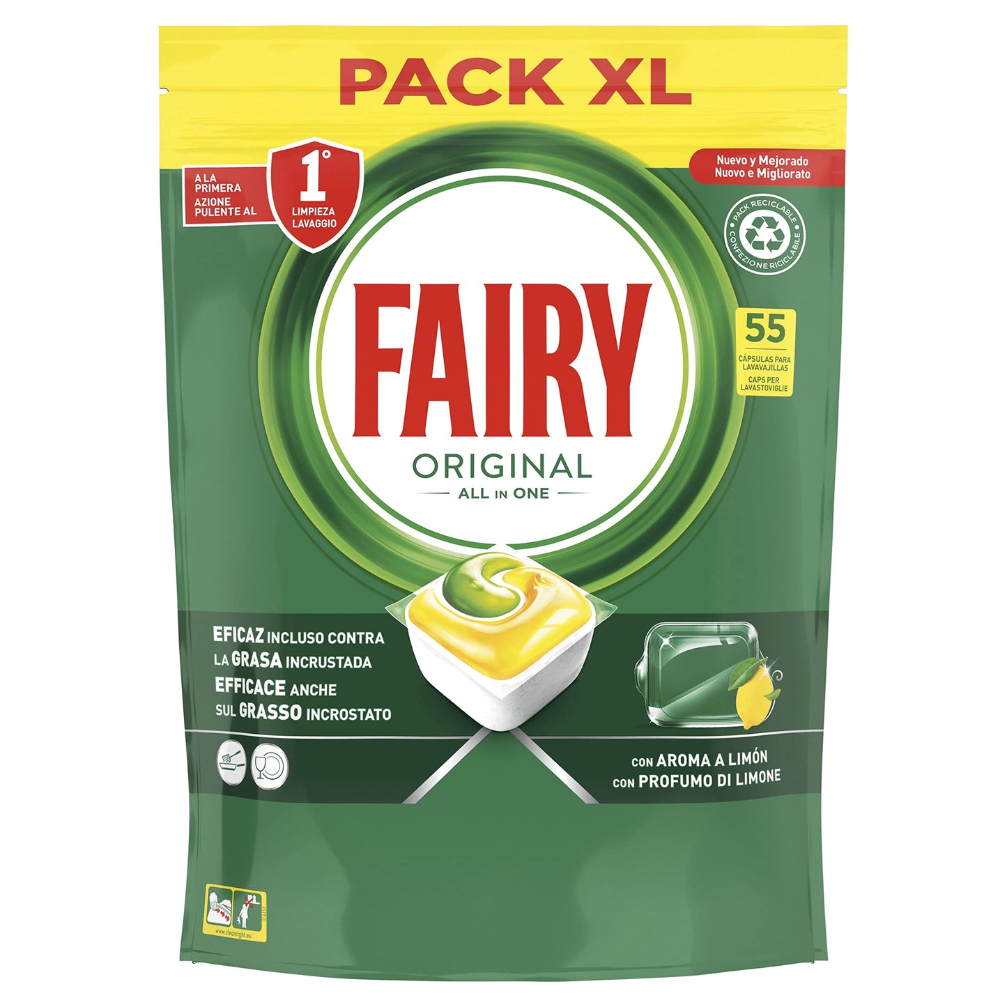 Fairy Original Tutto in Uno Limone, Pastiglie per Lavastoviglie, 55 Capsule, Efficaci Anche sul Grasso Incrostato
