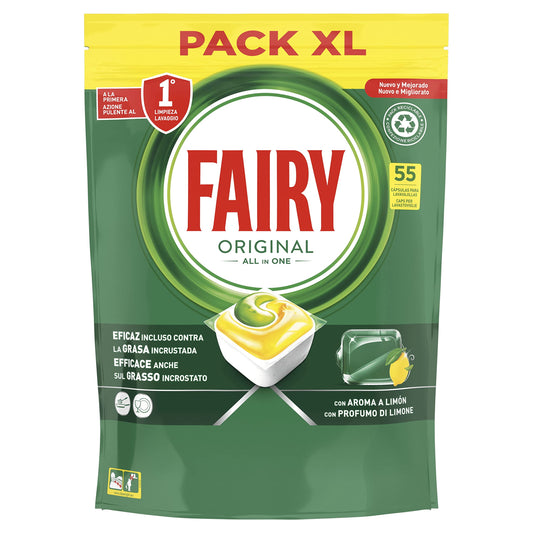 Fairy Original Tutto in Uno Limone, Pastiglie per Lavastoviglie, 55 Capsule, Efficaci Anche sul Grasso Incrostato