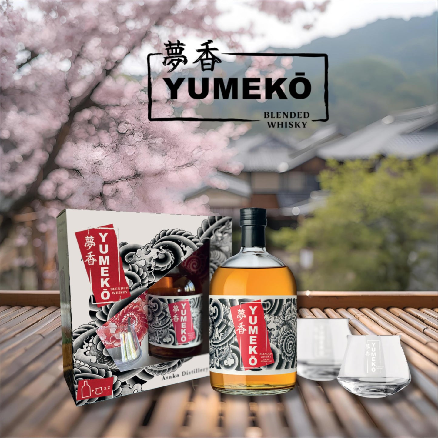 Yumeko Whisky, 700 ml, Whisky Giapponese, Confezione Regalo con 2 Bicchieri da Degustazione, Fermentazione 96h, Doppia Distillazione, Invecchiamento in Botti di Quercia Americana e Bourbon, 40% vol.
