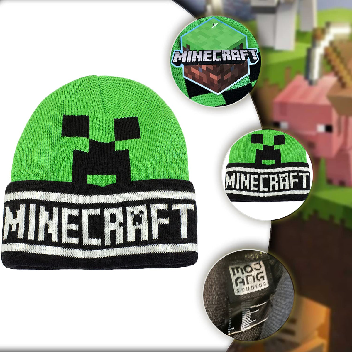 Fashion UK Berretto Minecraft Creeper Modello Verde Logo e Scritta. Acrilico. Taglia Unica per Adulti Ragazzi. Ufficiale.