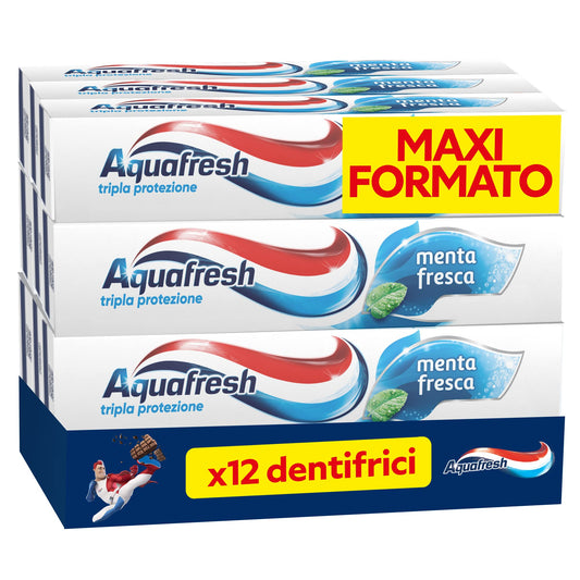 Aquafresh Dentifricio Tripla Protezione, Denti Forti, Gengive Sane, Smalto Rinforzato, Alito Fresco, Gusto Menta Fresca, Pacco da 12 x 75ml