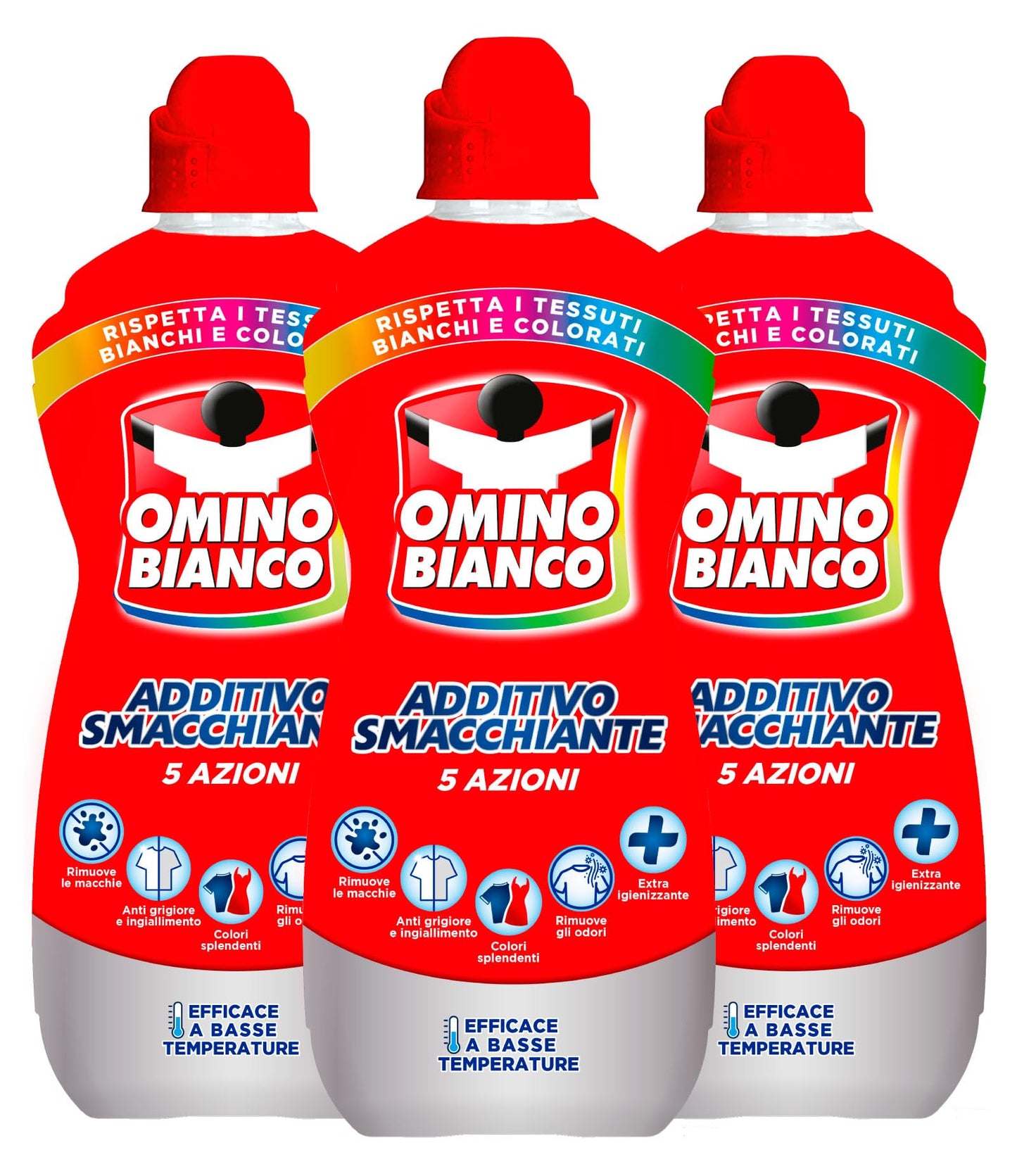 Omino Bianco Additivo Smacchiante Gel 5 Azioni in 1 per Bucato Igienizzante anche per Basse Temperature - 3 flaconi da 900 ml
