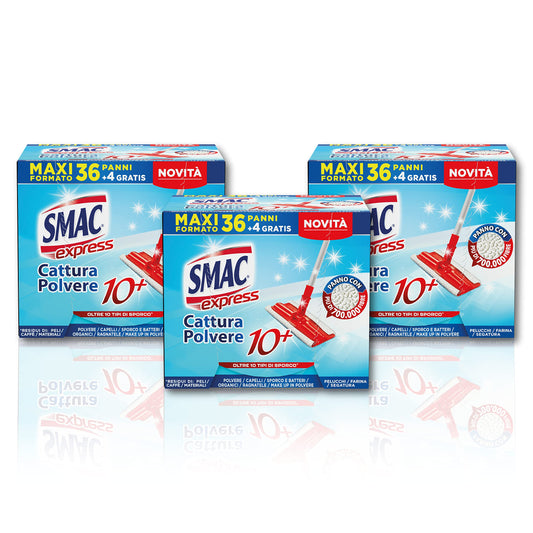 Smac Express - Panni Cattura Polvere 10+, Compatibili con Ogni Scopa, 120 Panni, Cattura Polvere, Sporco e Batteri, Adatti a Tutti i Pavimenti e Superfici, 40 Panni x 3 Confezioni