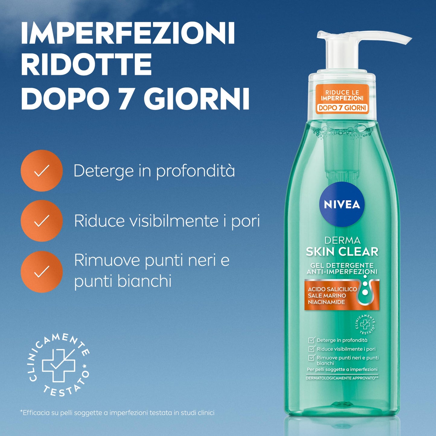 NIVEA Derma Skin Clear Gel Detergente Viso Anti-Imperfezioni 150 ml, Detergente viso pelle grassa e mista con Acido Salicilico, Sale Marino e Niacinamide, Detergente schiumogeno viso purificante