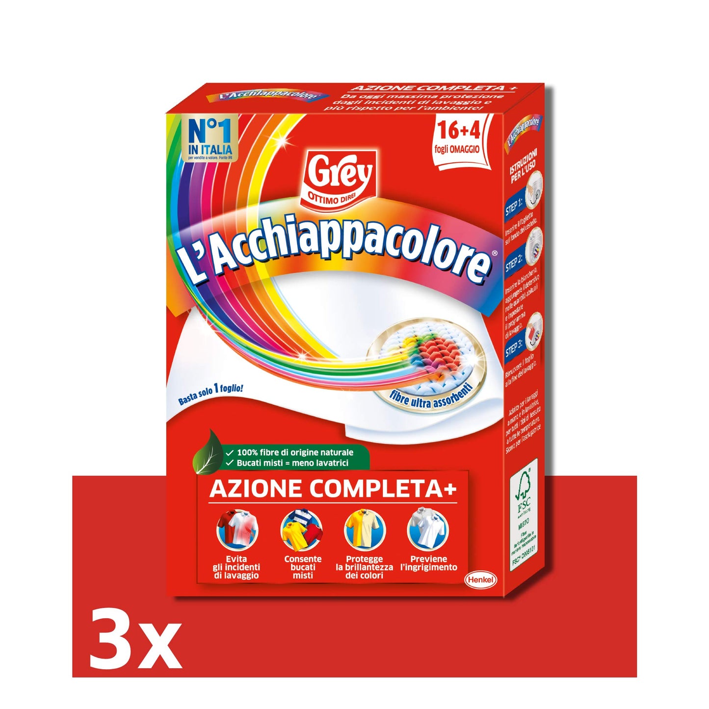 Grey L'Acchiappacolore Fogli Cattura Colore Lavatrice Evita Incidenti Lavaggio, Foglietti Acchiappacolore e Anti-Sporco, Confezione 3 x 20 Fogli