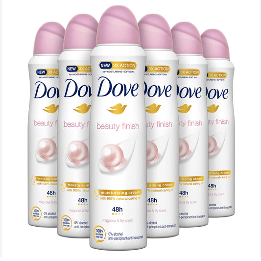 Dove, Deodorante Spray Beauty Finish, con 1/4 Crema Idratante, con Minerali e Vitamina E, Antitraspirante, Senza Alcool, Pelle Asciutta Fino a 48 Ore, Deodorante Uomo e Donna, 6 Pezzi da 150 ml