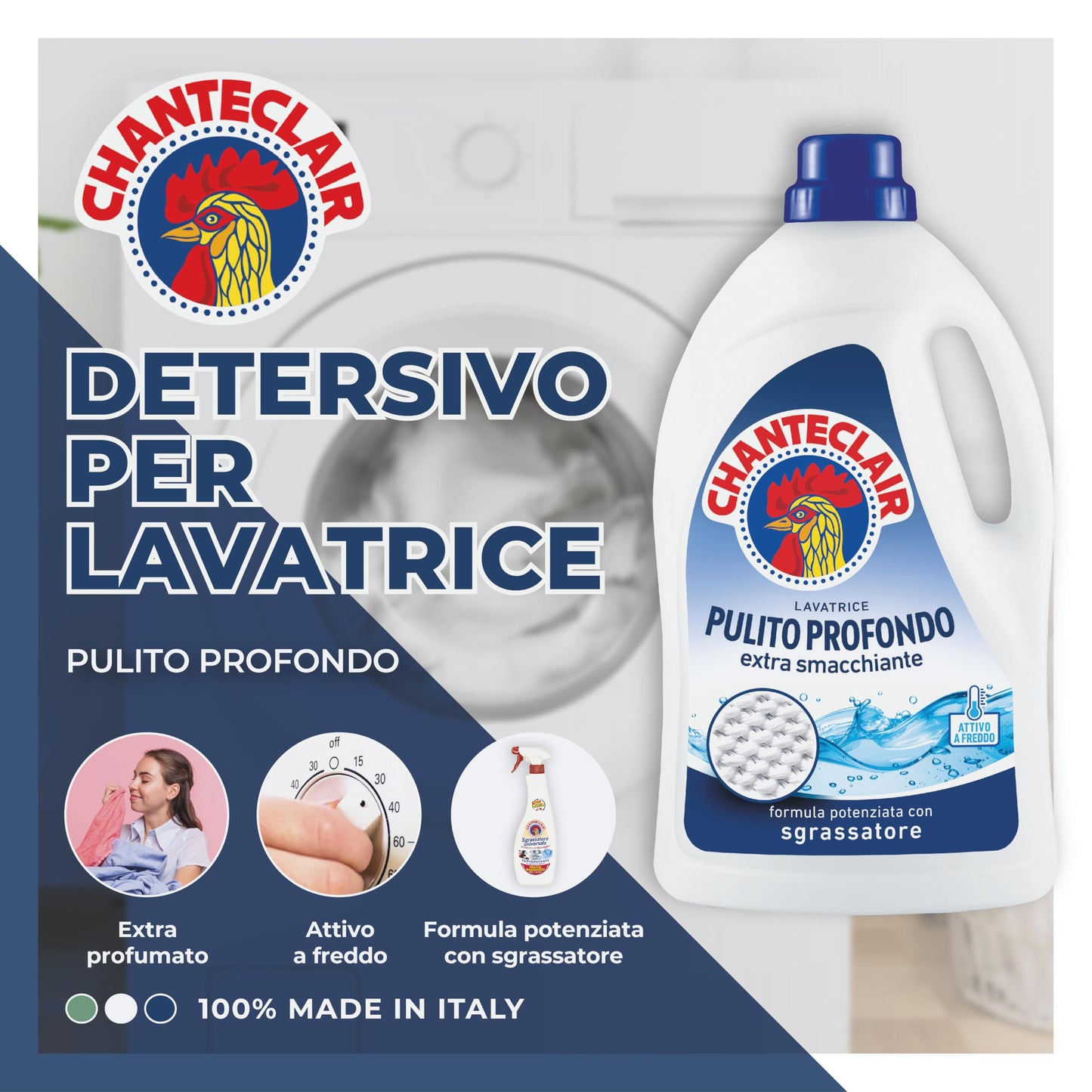 Chanteclair - Detersivo per Lavatrice Pulito Profondo, Rimuove le Macchie più Difficili, Bucato Pulito e Duraturo - 3 Flaconi da 1575 ml
