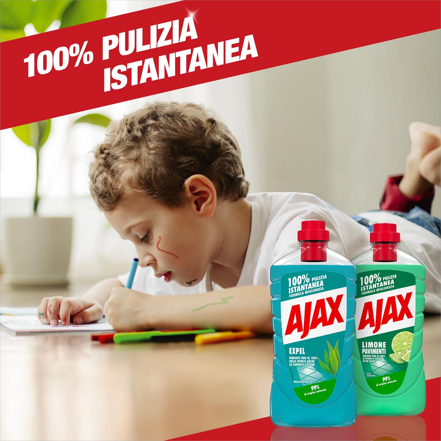 Ajax detersivo pavimenti Expel multisuperficie 12x950ml I 99% di ingredienti di origine naturale I non solo per la casa ma anche per le superfici Esterne I 100% forza pulente senza risciacquo