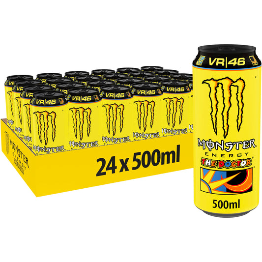 Monster Energy The Doctor – 12 Lattina da 500 ml, Energy Drink in Collaborazione con Valentino Rossi, Bevanda Energetica al Gusto Leggero e Rinfrescante di Agrumi