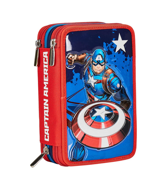 Seven Astuccio Scuola 3 Scomparti, Disney - CAPTAIN AMERICA - LEGENDAY AVANGE, Blu Rosso - Portapenne Multi Scomparto Con Matite, Penne e Colori, Accessori Zaino, Zaino Scuola - Astuccio Bambino