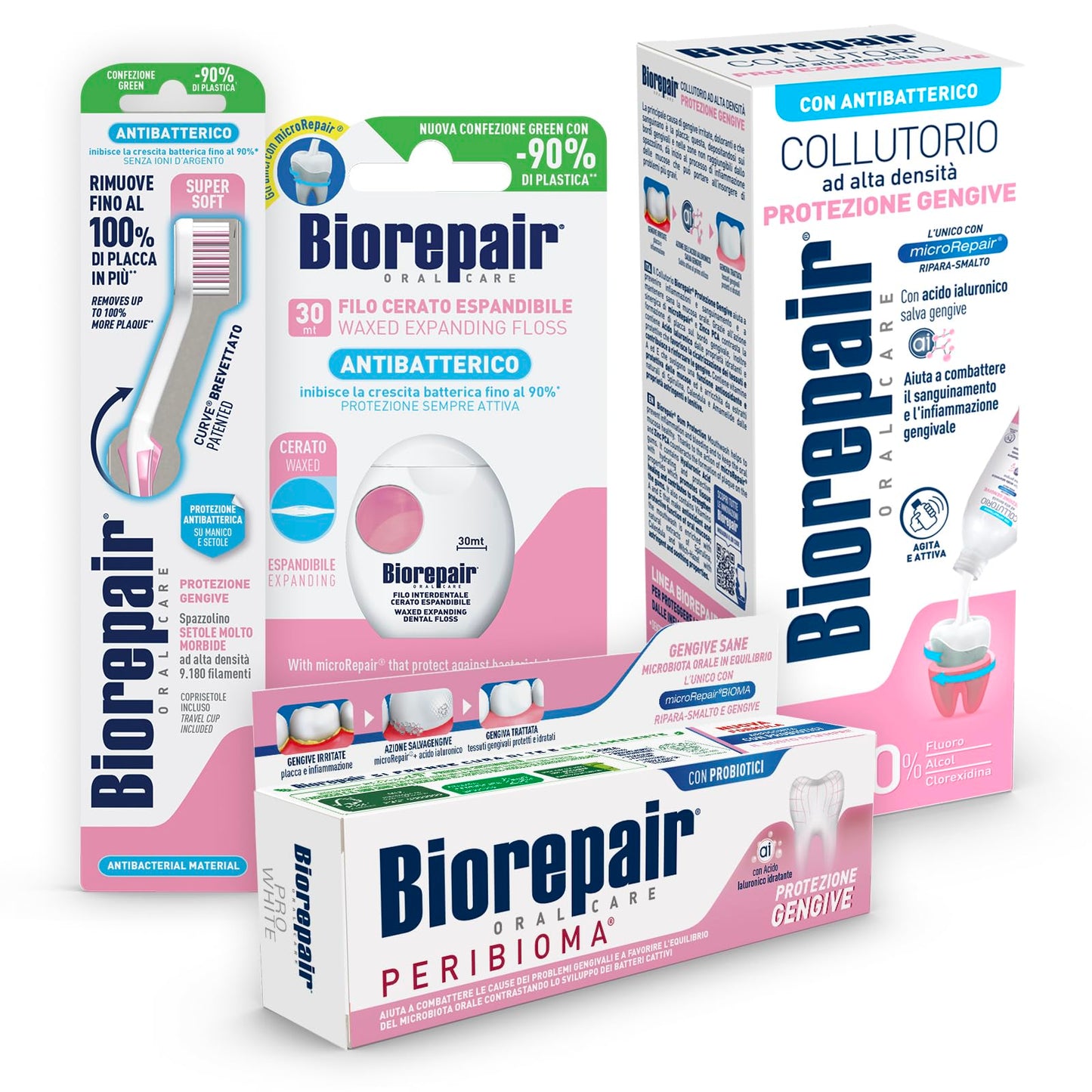 Biorepair, Kit Oral Care Protezione Gengive, Contiene Spazzolino e Dentifricio per Protezione delle Gengive, Filo Interdentale Espandibile, Collutorio per la Protezione delle Gengive