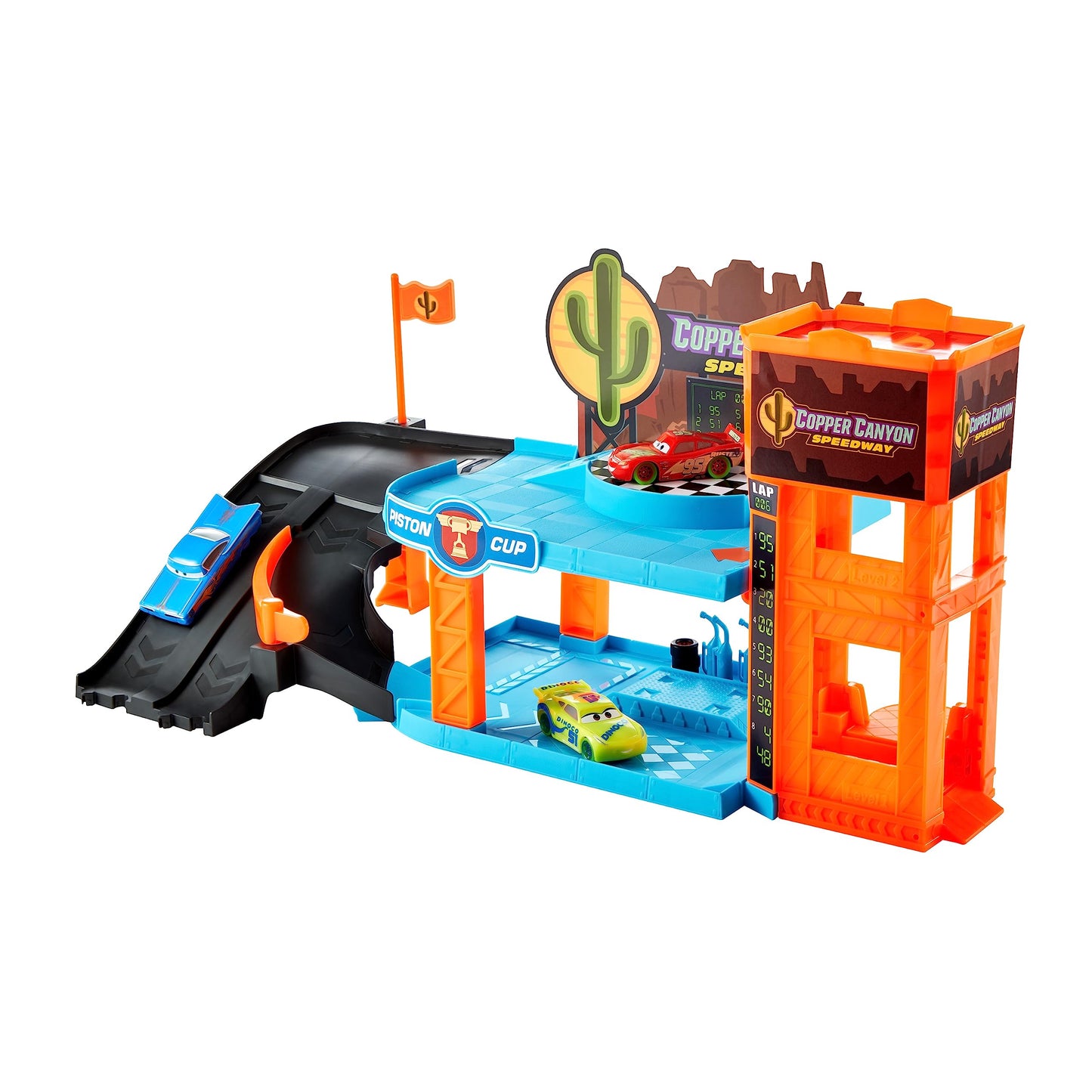 CARS - Garage Fluo di Cooper Canyon, playset Glow Racers a 2 piani con 3 auto luminose incluse, officina e ascensore funzionante, si illimuna al buio, giocattolo per bambini, 4+ anni, HPX75