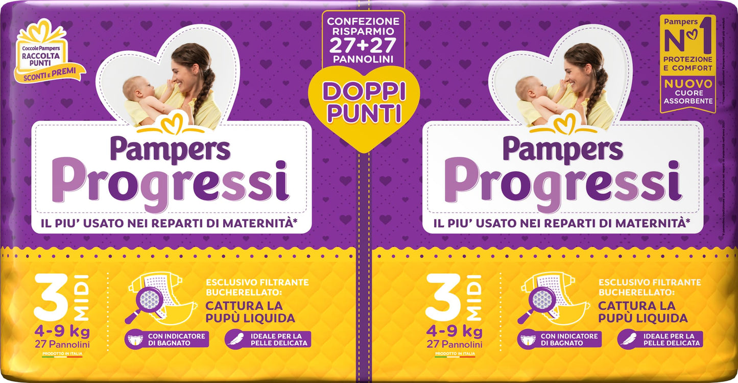 Pampers Progressi Midi, Pacco Doppio, Taglia 3 (4-9 kg), 54 Pannolini