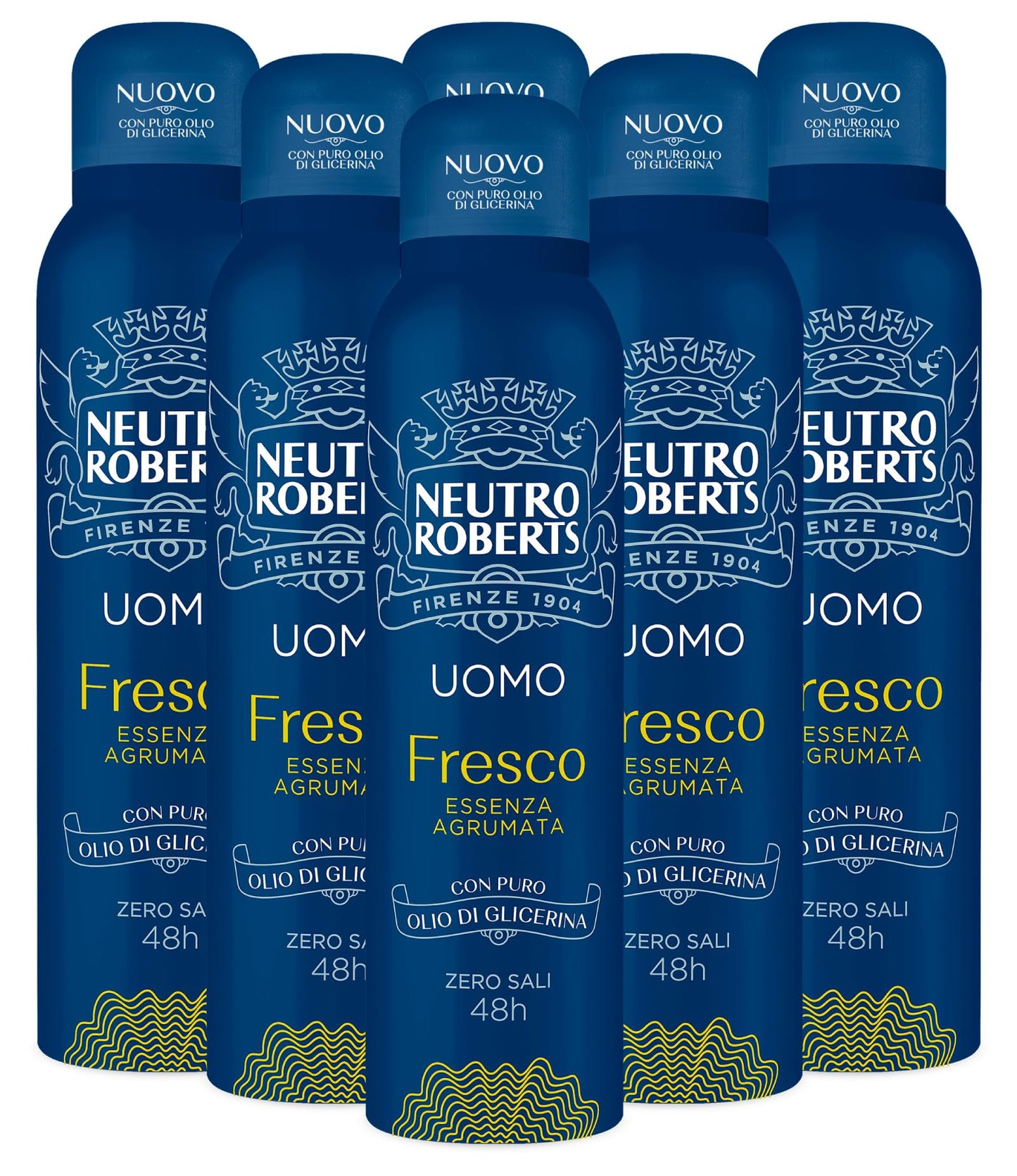 6x Neutro Roberts Deodorante Spray Uomo Fresco Zero Sali Efficace 48h Essenza Agrumata - 6 Flaconi da 150ml ognuno