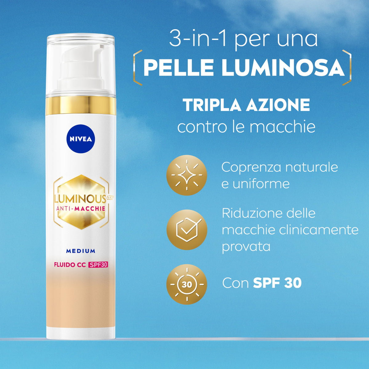 NIVEA Luminous630 Fluido CC Cream SPF 30 3-in-1 Medium 40 ml, Crema colorata viso con pigmenti incapsulati e tripla azione anti-macchie, Crema antimacchie viso con Acido Ialuronico e Thiamidol