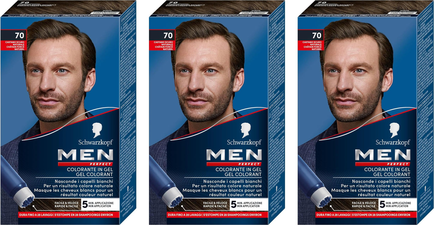Schwarzkopf, Men Perfect, Tinta Colorante in Gel, Copertura dei Capelli Bianchi, Risultato Effetto Naturale, Dura Fino a 28 Shampoo, Tonalità 70 Castano Scuro Naturale, 3 confezioni