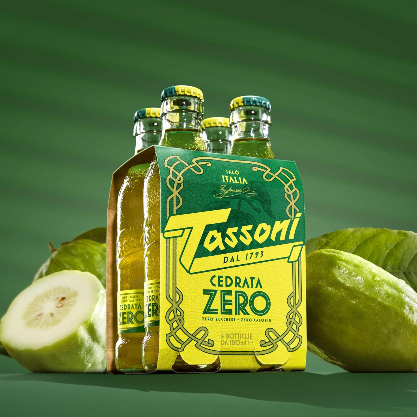Tassoni Cedrata Zero Zuccheri in Bottiglietta in Vetro 18cl x 25 | Confezione da 25 Bottigliette in Vetro da 180ml