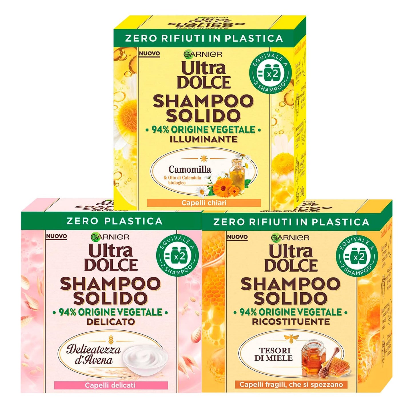 Garnier Ultra Dolce Shampoo Solido Tesori di Miele Capelli Fragili + Delicatezza D'Avena Capelli Normali + Illuminante Camomilla e Calendula Capelli Chiari - 3 Shampoo Solidi da 60g