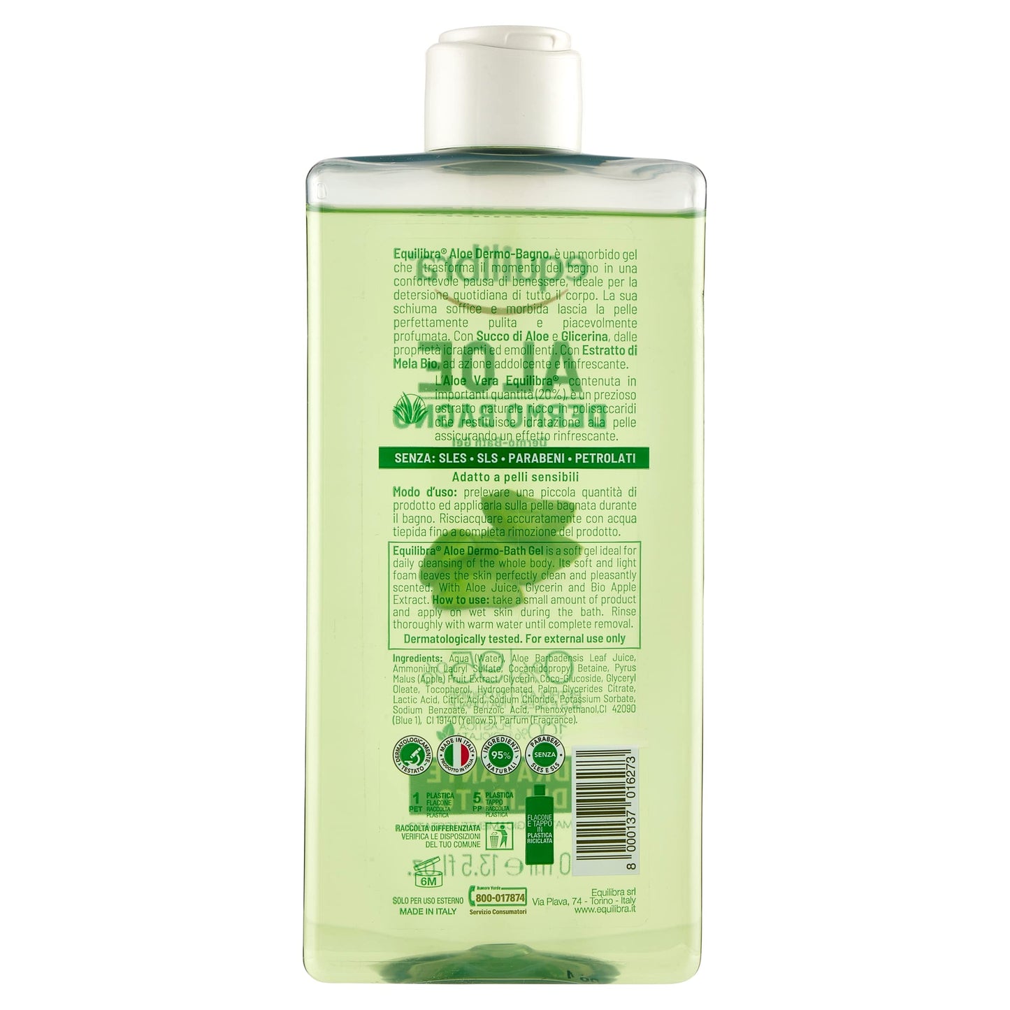 Equilibra Aloe Dermo-Bagno, Gel-Doccia ad Azione Idratante, Emolliente e Rinfrescante, per una Pelle Pulita e Profumata, Con Succo di Aloe, Glicerina ed Estratto di Mela Bio, 400 ml