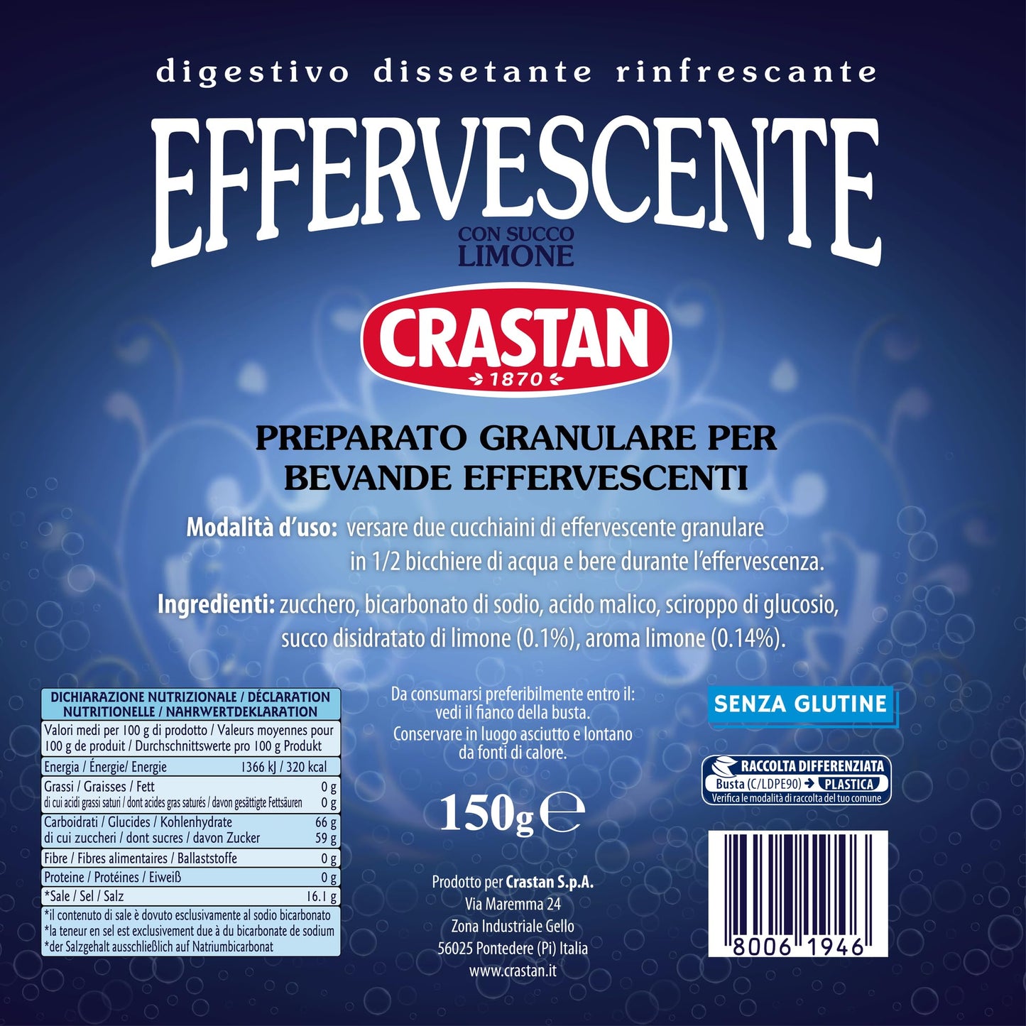 Crastan Preparato granulare per bevanda effervescente, con succo Limone - 12 vasetti da 250g [tot. 3kg]