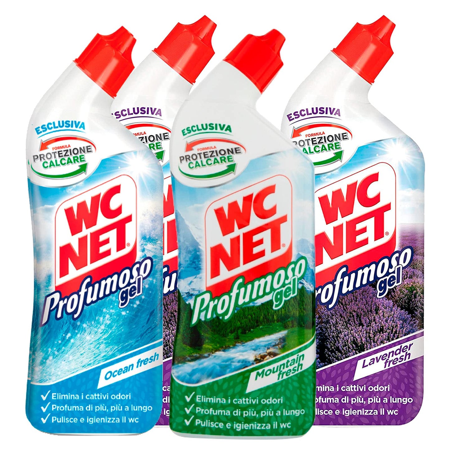 Wc Net - Profumoso Formula Protezione Calcare Gel per Sanitari e Superfici, Pulitore Liquido per Wc, 700 ml x 4 Pezzi con Profumazioni Assortite