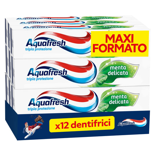 Aquafresh Dentifricio Tripla Protezione, Denti Forti, Gengive Sane, Smalto Rinforzato, Alito Fresco, Gusto Menta Delicata, Pacco da 12x75ml