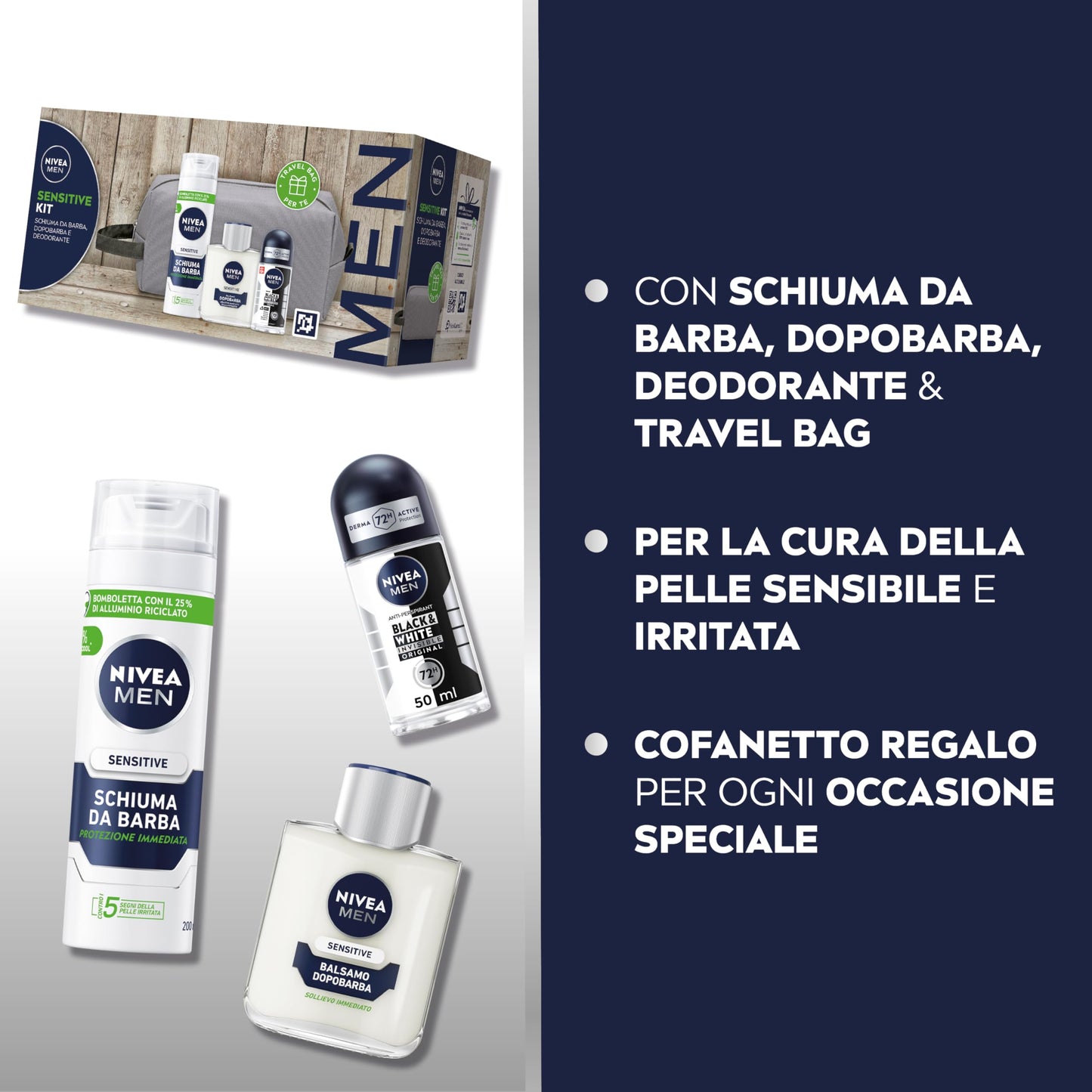 NIVEA MEN Sensitive Kit Cofanetto Regalo Uomo, Set regalo con Schiuma da Barba 200 ml, Balsamo Dopobarba 100 ml, Deodorante uomo Black & White 50 ml e Travel Bag omaggio inclusa