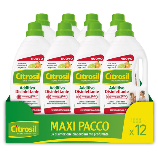 Citrosil - Additivo Disinfettante Liquido per Lavatrice e Bucato a Mano, con Vere Essenze di Agrumi, Azione Igienizzante e Disinfettante, Adatto per Capi Bianchi e Colorati, 1000 ml x 12 Confezioni