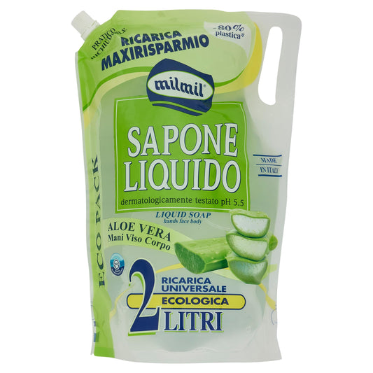 Milmil Ricarica Maxirisparmio Sapone Liquido Mani e Viso Aloe Vera, 2 Litri