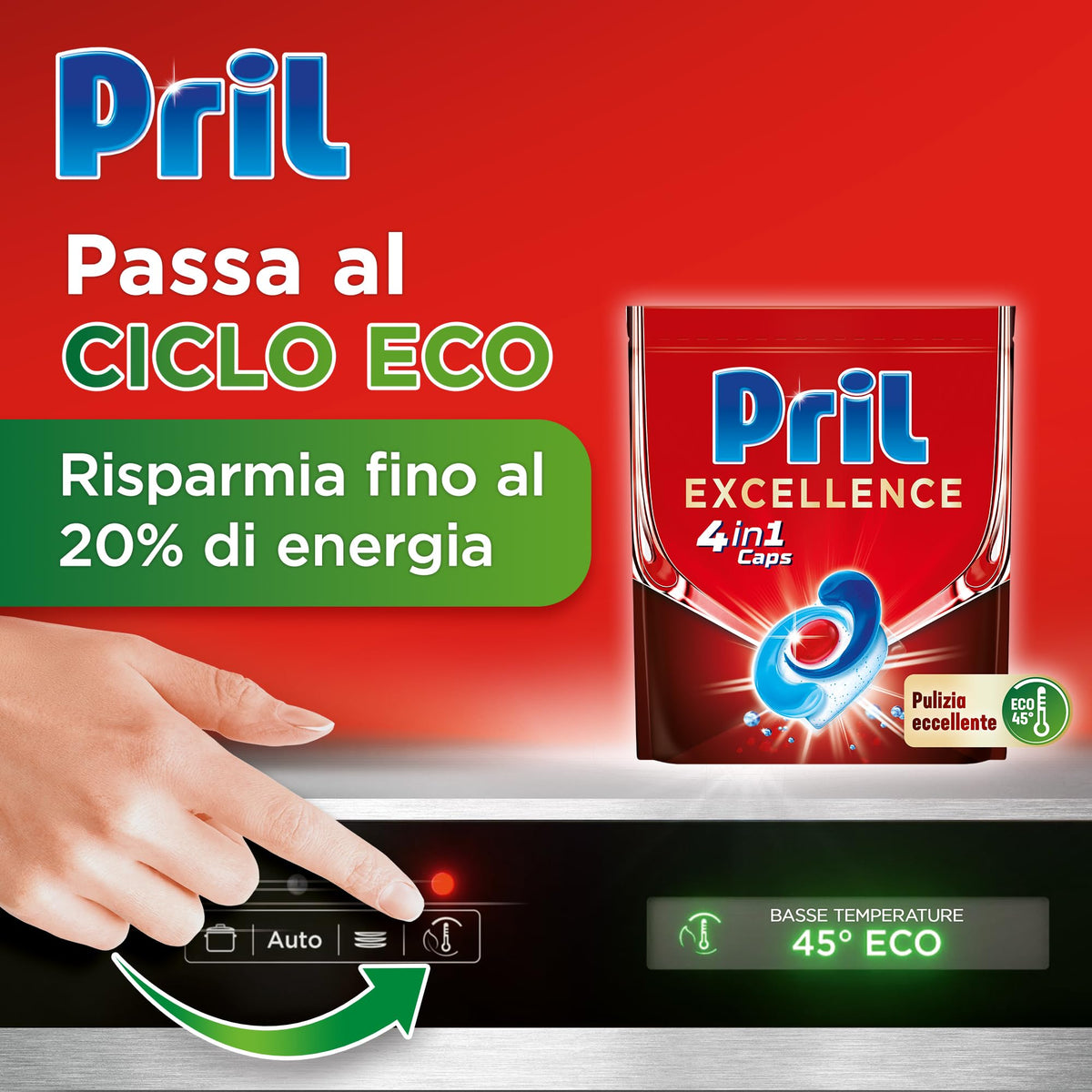 Pril Excellence 4in1 Caps, Detersivo Lavastoviglie in Caps a dissoluzione rapida, formato da 18 capsule
